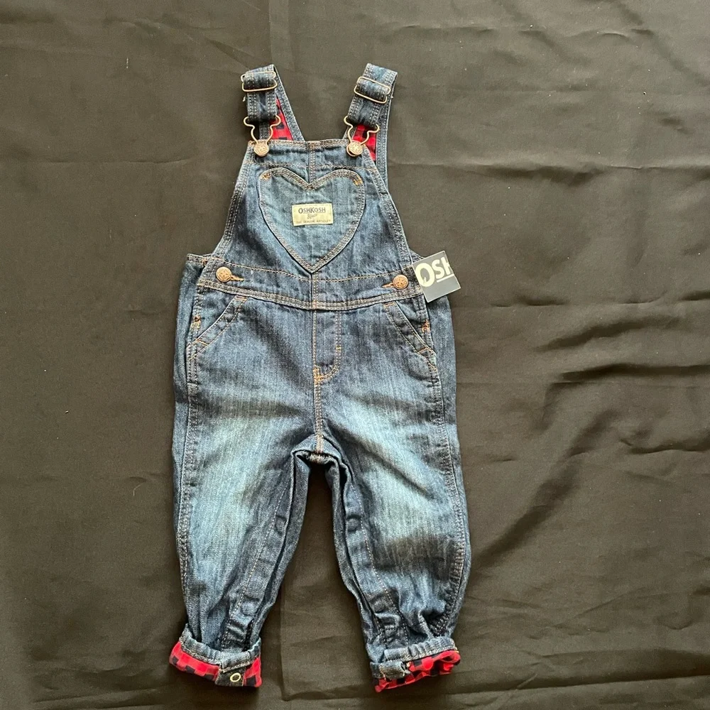 OshKosh B’gosh VTG Plaid Trim‎ Denim Overalls Girls 12 Months
